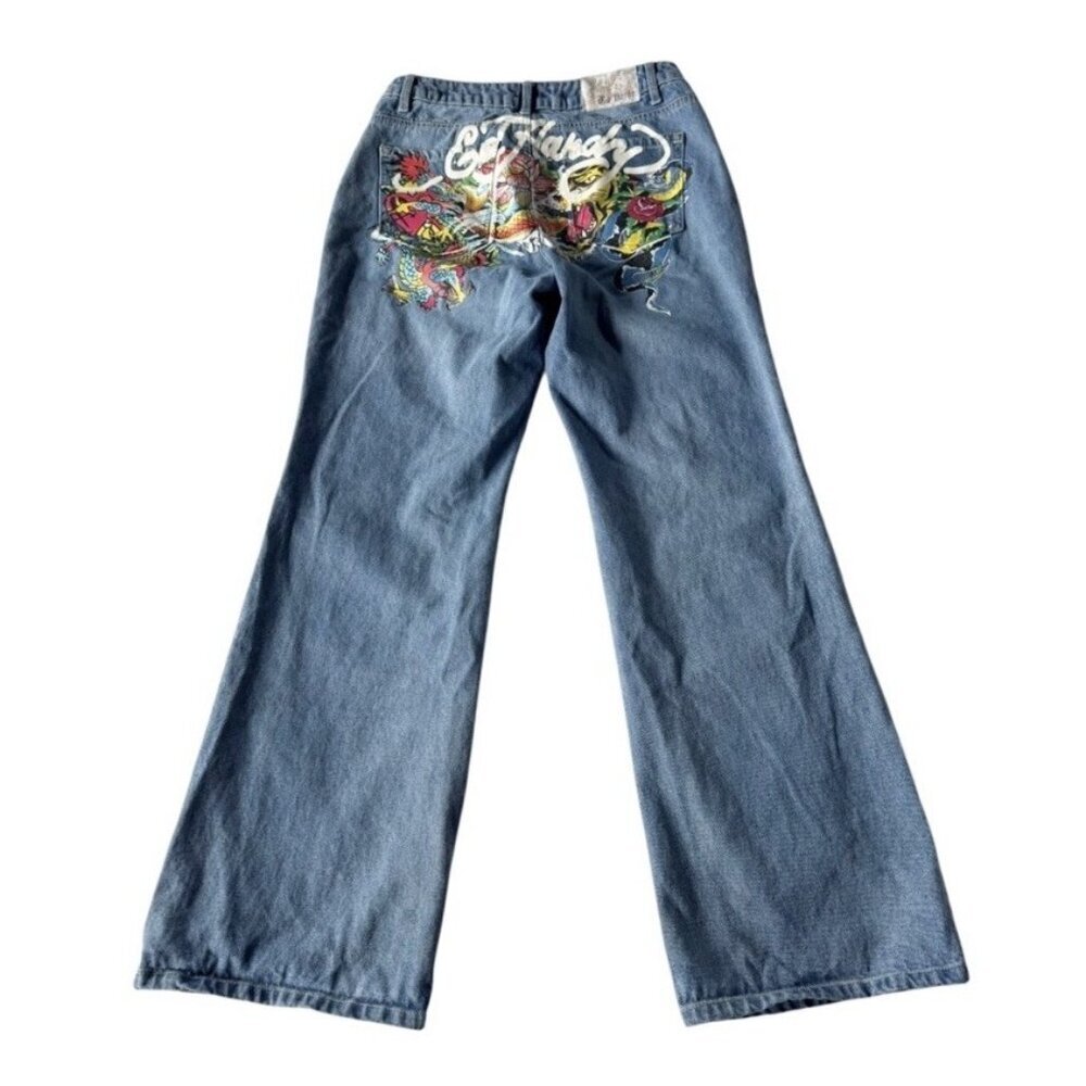 Ed Hardy Women’s Sz 30 Wide Leg Baggy Fit Tattoo Dragon Koi Snake Floral Jeans - Picture 3 of 11